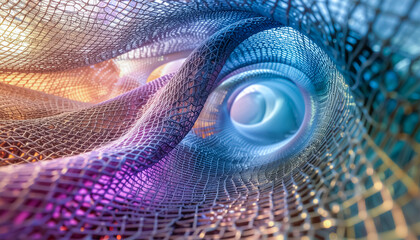A Vibrant Mesh Tunnel with Iridescent Colors and Complex Digital Geometry
