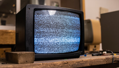 A Retro CRT Television Showing Static Noise on a Wooden Workbench in a Nostalgic Setting