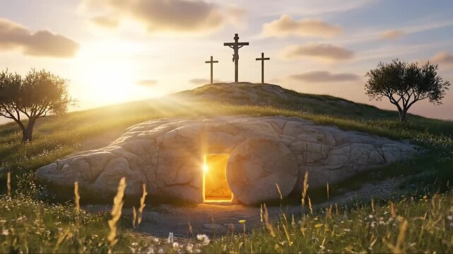 A profound spiritual landscape depicts an ancient rock tomb with an open, glowing entrance, radiating golden light. Three symbolic crosses stand prominently on a verdant hill against a radiant sunrise