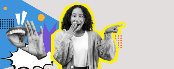 Fototapeta na wymiar A woman stands in the center of a creative collage, expressing joy with a cheerful gesture. Bright colors and graphic shapes surround her, enhancing the lively atmosphere and mood.