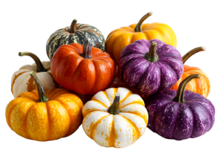 Assortment of decorative pumpkins in various colors and patterns