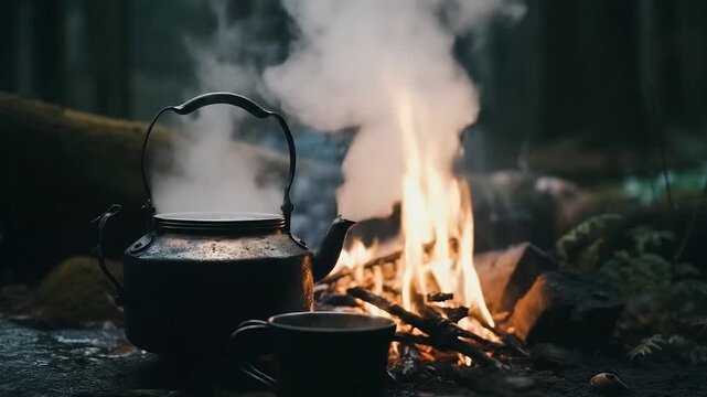 Small metal kettle on camp fire for brewing coffee or tea. Rest stop while traveling outdoor recreation. Generative AI