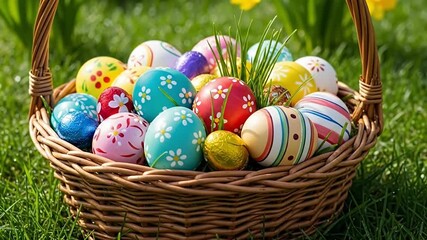 A rustic wicker basket is filled to the brim with an assortment of vibrant, colorfully decorated eggs, nestled within lush green grass under soft natural light. Each egg boasts unique patterns, from d