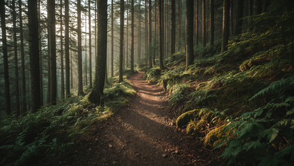 Obraz premium Mystical Forest Path Illuminated by Morning Sunlight