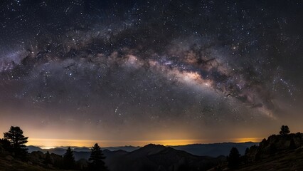 Cosmic Symphony: Witness the awe-inspiring beauty of the Milky Way, a celestial river of stars arching gracefully across the night sky, illuminating the rugged mountain landscape below. 