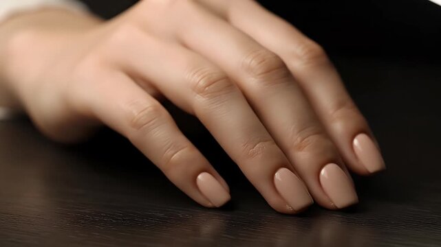 A serene close-up captures a graceful female hand, impeccably manicured with a chic nude nail polish. The elegant fingers, enhanced by a soft, natural aesthetic, rest gently against a dark, subtle bac