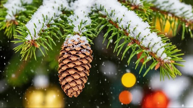 A serene close-up of a vibrant green evergreen branch, heavily adorned with a fresh blanket of pristine white snow. A solitary, perfectly formed pinecone hangs gracefully from the branch, also touched