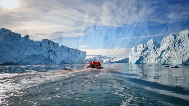 Touristic inflatable rubber boat sailing among glaciers in antarctica polar ocean. Extreme cruise. Generative AI
