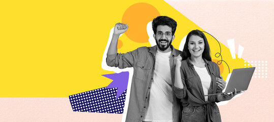 A vibrant collage shows a young couple celebrating their achievement together. They display excitement with raised fists while holding a laptop. The colorful background adds energy to the scene.