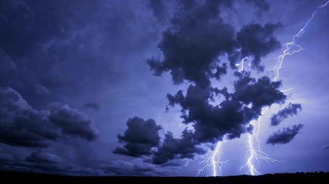 A dramatic scene depicting a stormy night sky filled with dark, thick clouds and a striking lightning bolt illuminating the night. the powerful thunderstorm creates a captivating contrast, the raw ene