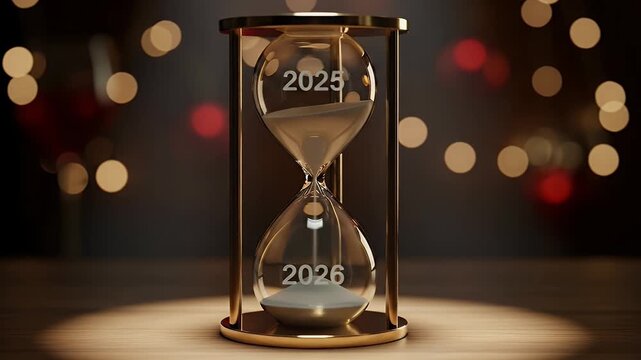 A sophisticated golden hourglass stands elegantly on a polished wooden surface, prominently lit by a focused spotlight. The upper glass chamber is clearly marked with "2025", while the lower chamber i