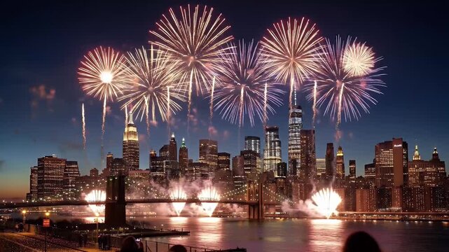 A spectacular fireworks display brilliantly illuminates a vast, iconic urban skyline at twilight. Towering skyscrapers and a majestic suspension bridge stand proudly, their lights reflecting in the sh