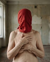 Gesicht einer &auml;lteren Frau verh&uuml;llt mit einem roten Tuch