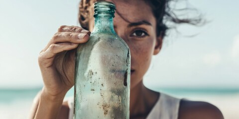 A Woman Holding a Vintage Bottle by the Beach, Embracing Natures Beauty and Tranquility