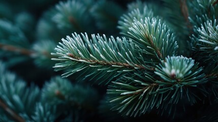 Frost covers the green needles of a pine branch in a cold forest. Sunlight reflects on the frosty tips highlighting the seasonal changes in nature.