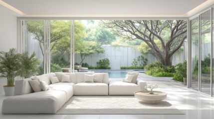 Fototapeta premium A spacious living room has large windows that open to a green garden with trees and a pool. The furniture is simple and light complementing the outdoor scenery.