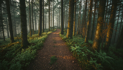 Fototapeta premium Misty Forest Path Through Dense Trees at Dawn