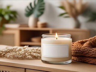stock photo of a mockup of a clear glass jar lit scented candle with blank white label on a cabinet with a cozy blanket scattered around it