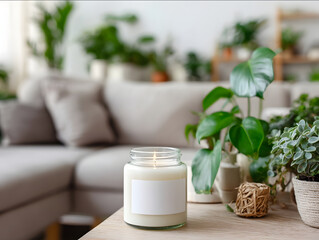 stock photo of a mockup of a clear glass jar lit scented candle with blank white label on in a boho style light toned natural living room with green indoor plants.jpe