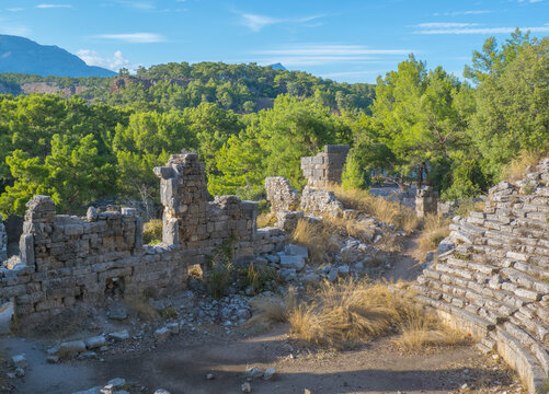 The theatre of the ancient city of Faselis or Phaselis. It is an ancient Greek and Roman settlement. Ancient cities on the Mediterranean coast of Turkey. Kemer district, Antalya city, Turkey country
