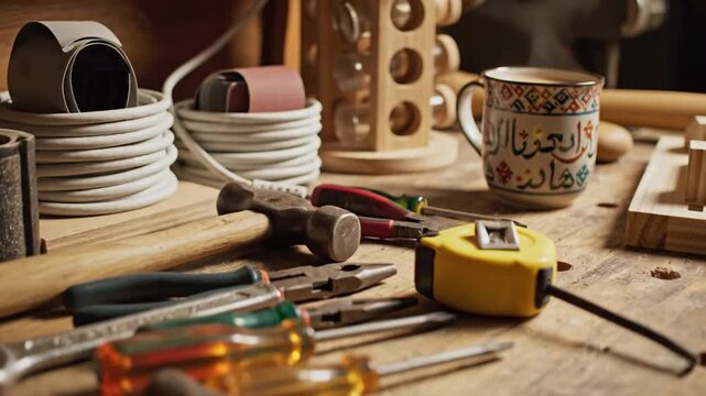 Close-up of carpentry tools, electrical cable, and coffee mug on wooden workbench in a workshop