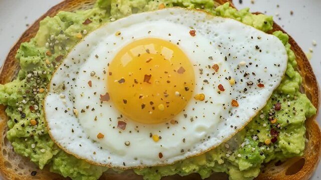 A vibrant, appetizing close-up, top-down view of freshly prepared avocado toast, topped with a perfectly fried egg. Gently rising steam emphasizes its warmth and deliciousness, seasoned with black pep