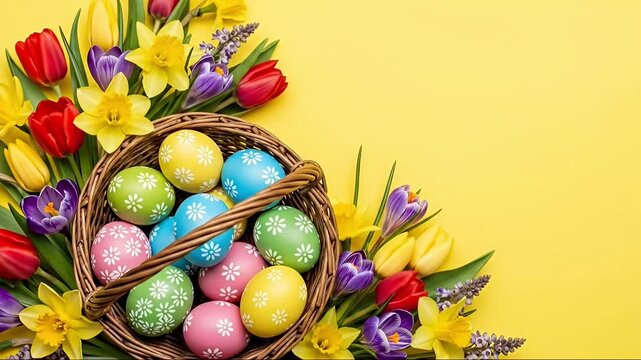 A vibrant, cheerful flat lay display for spring festivities. A rustic wicker basket is filled with decorative, multicolored eggs in pink, yellow, green, and blue, each adorned with a delicate white fl
