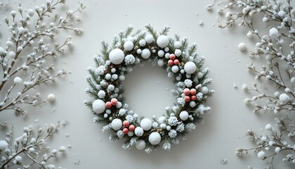 Elegant frosted winter wreath with white snowballs and soft pink berries on a light background