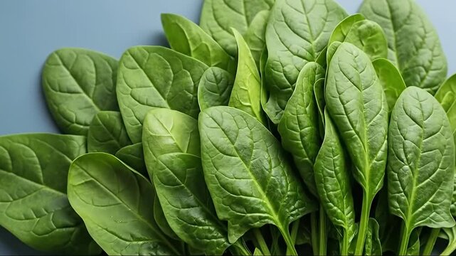 A vibrant display of fresh, crisp spinach leaves, showcasing their rich green color and healthy texture against a clean, minimalist background. The lush, organic foliage evokes a sense of natural good