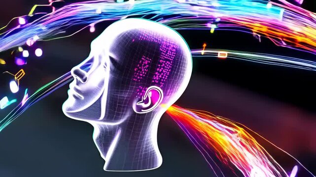 Futuristic illustration of a human head with visible neural connections and digital energy flow, depicting the interface between technology and the human mind. vibrant colors represent the dynamic exc