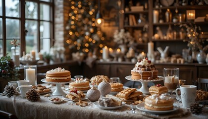 Festive holiday dessert table laden with cakes and treats illuminated by warm Christmas lights indoors