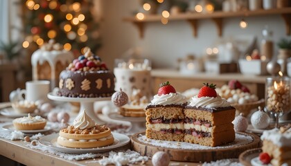 Delicious assortment of festive holiday cakes and pastries displayed beautifully on a rustic kitchen table setting