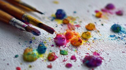Fototapeta premium Bright colors are spread out on a canvas with paint splatters surrounding a few brushes. This scene captures an artistic moment in a studio where creativity happens.