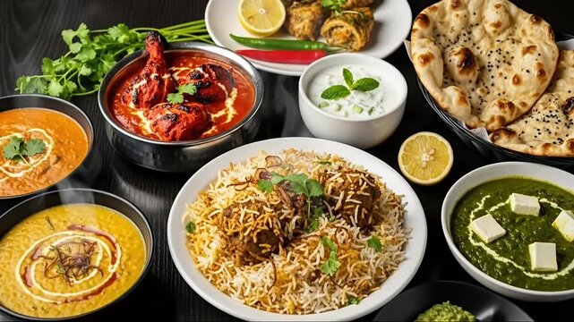 A vibrant, overhead shot showcases an abundant feast of delicious, steaming dishes arranged on a dark table, creating an inviting and luxurious dining experience. The centerpiece features aromatic ric