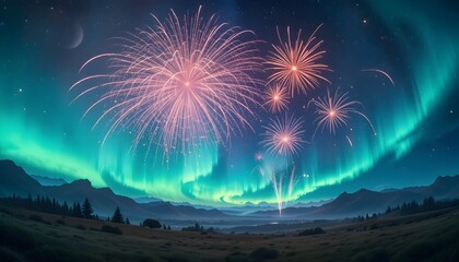 Spectacular fireworks illuminate the night sky above mountains under a vibrant green aurora borealis display