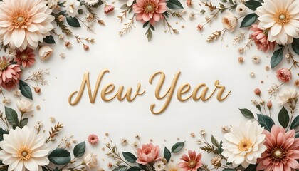 Elegant golden new year greeting card design framed by soft blush and cream floral arrangements on white