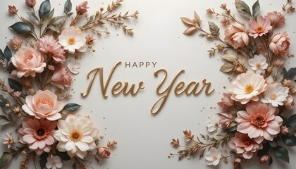 Elegant gold script happy new year greeting card design framed by soft blush pink floral arrangements
