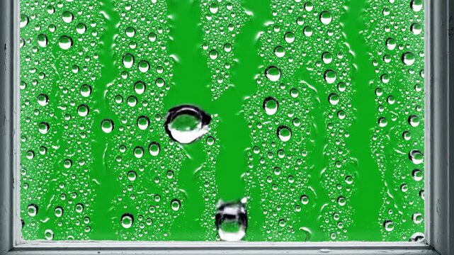 Real rain drops sliding down window glass with green screen chroma key background for visual effects compositing