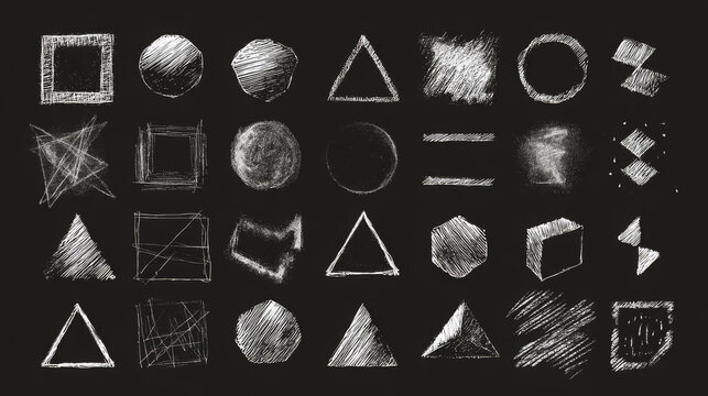 Set of shapes, icons, and scratches in chalkboard style, hand-sketched illustration.
