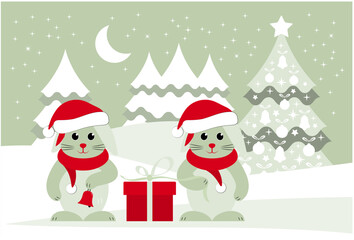 bunnies with caps and scarves and gift in snowy landscape