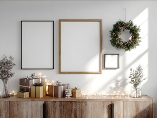angled view of three frames of different sizes A2 A3 A4 hanging on a wall above a modern wooden sideboard soft Christmas decor pine wreath fairy lights and gifts subtl