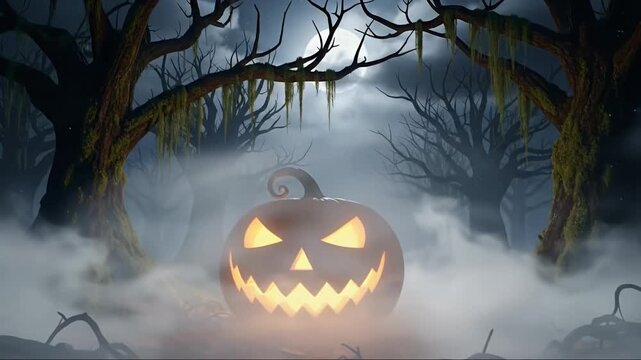 An animated jack-o'-lantern with glowing eyes and a menacing smile sits amidst swirling mist in a dark, enchanted forest under the light of a full moon. Gnarled, moss-covered trees create a spooky sil