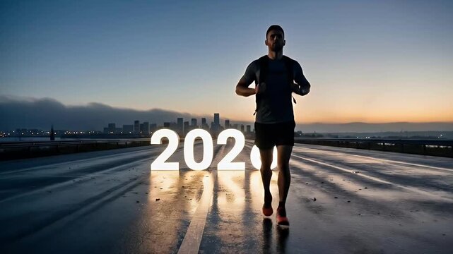 An athletic individual stands purposefully on a wet, illuminated road with a modern urban skyline silhouetted against the soft light of dawn or dusk. Large, glowing numbers, representing "2026," are p