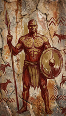 Obraz premium Tribal warrior with spear and shield painted on stone wall
