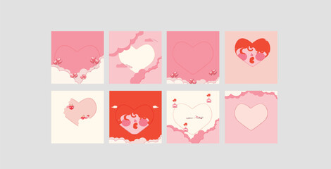 Romantic Valentine’s Day square banner in paper cut style with pink heart, clouds and pastel colors. Cute love background with copy space for text, perfect for social media and branding.