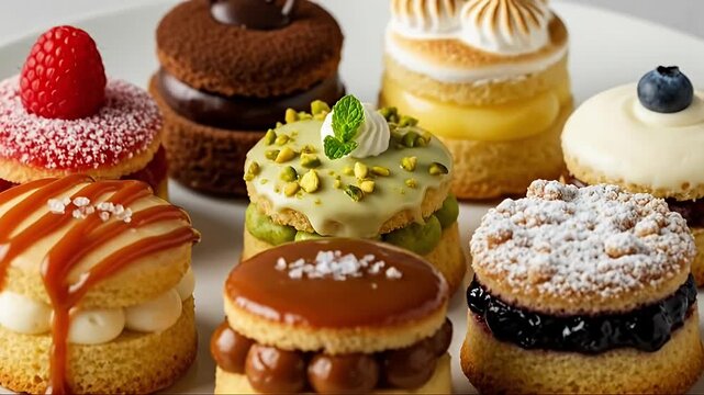 An exquisite assortment of delicious, gourmet miniature cakes, artfully arranged on a pristine white plate. This tempting collection showcases a vibrant variety of beautifully crafted sweet treats, ea