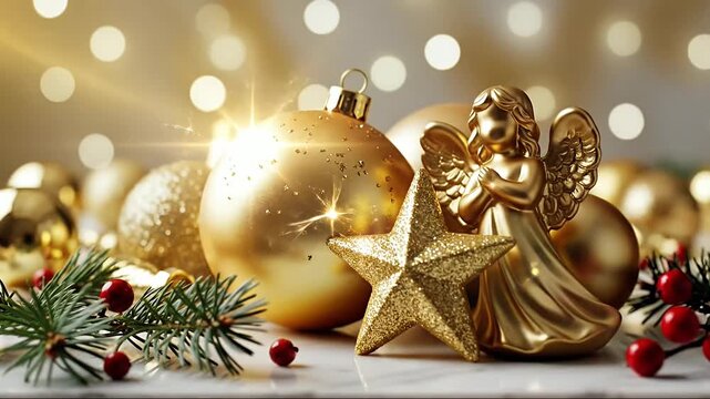 An exquisite collection of shimmering golden ornaments creates a luxurious and festive atmosphere, scattered elegantly across a pristine white surface. Various shapes, including classic spheres, twink
