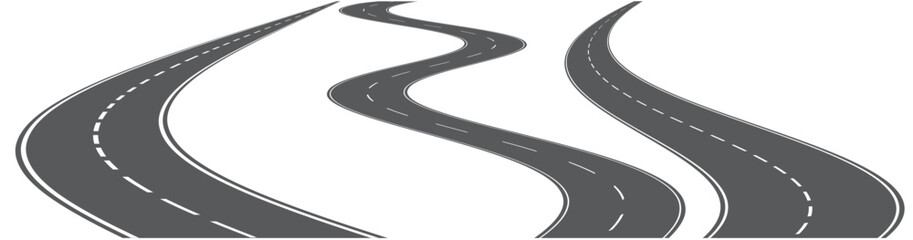 Set of three vector roads with white marks isolated on white background. Vector.