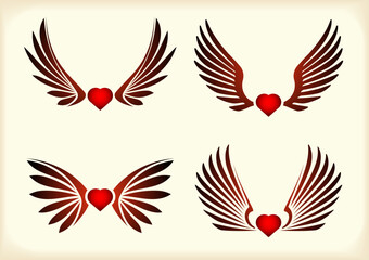 Four designs featuring wings and hearts are shown in different colors and styles. These graphics can be used for decorations, crafts, or art projects.