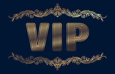 Gold rich decorated VIP design on a dark blue background.